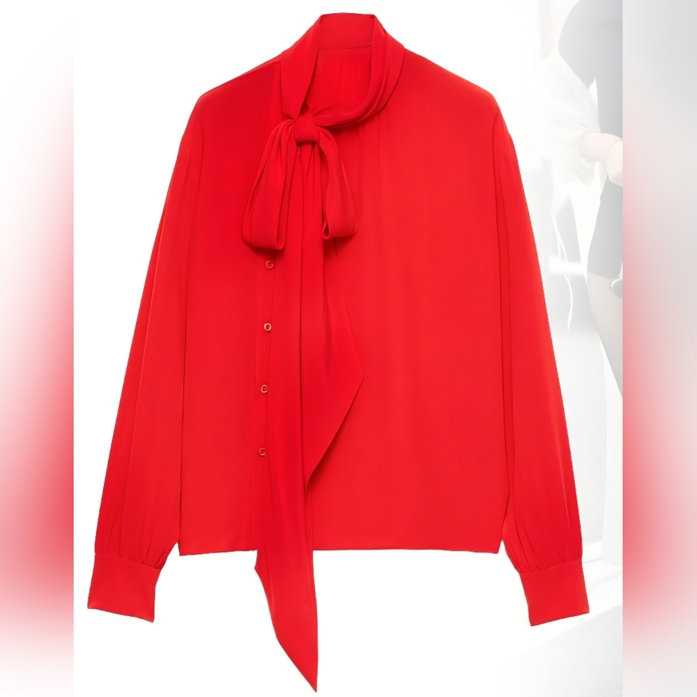 Miu Miu Red Long Sleeve Side Tie Collar Button Down